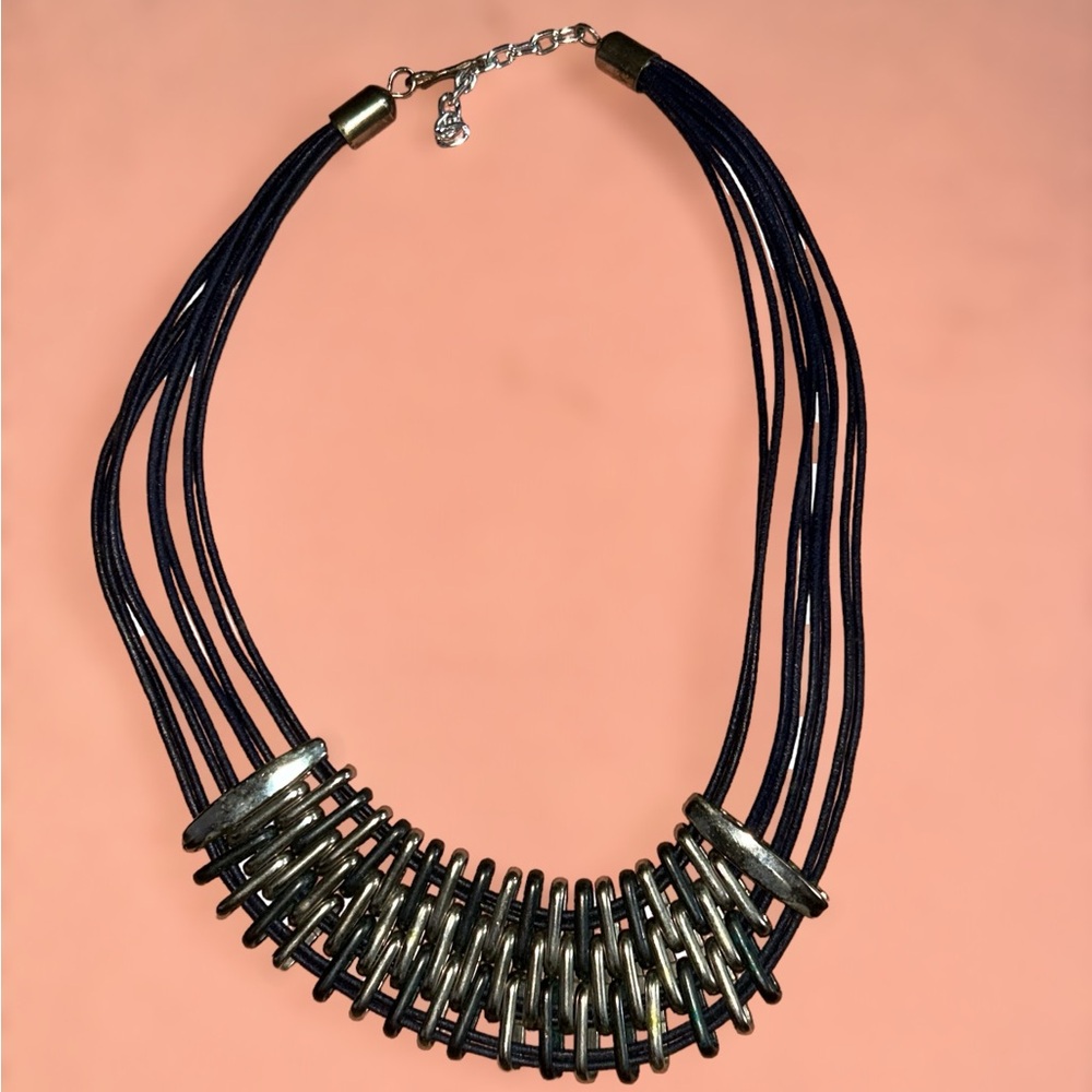 Vintage 1990’s Multi Strand Blue Leather Cord W/Metal Beads Statement Necklace
